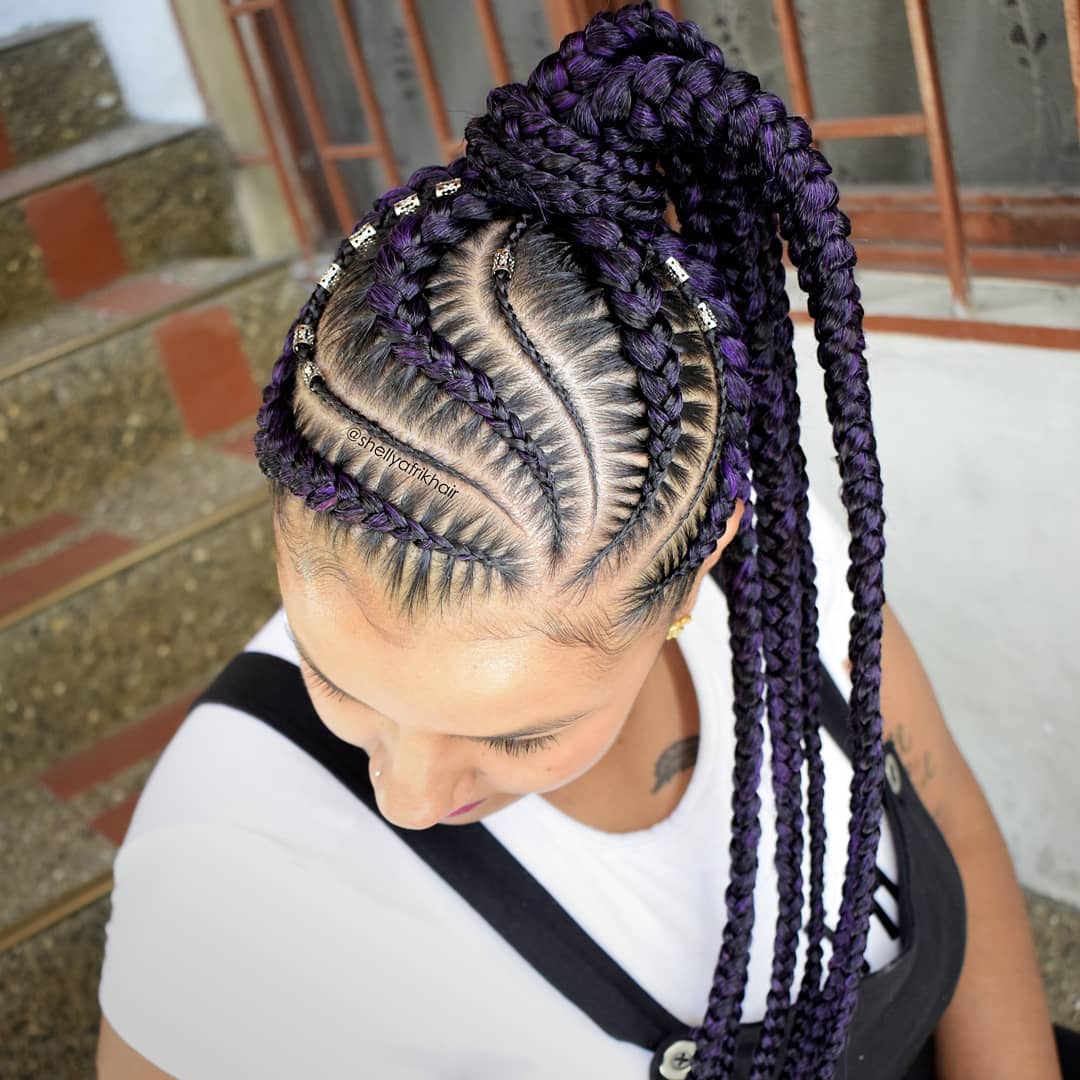 Purple Side Part Braids In Ponytail